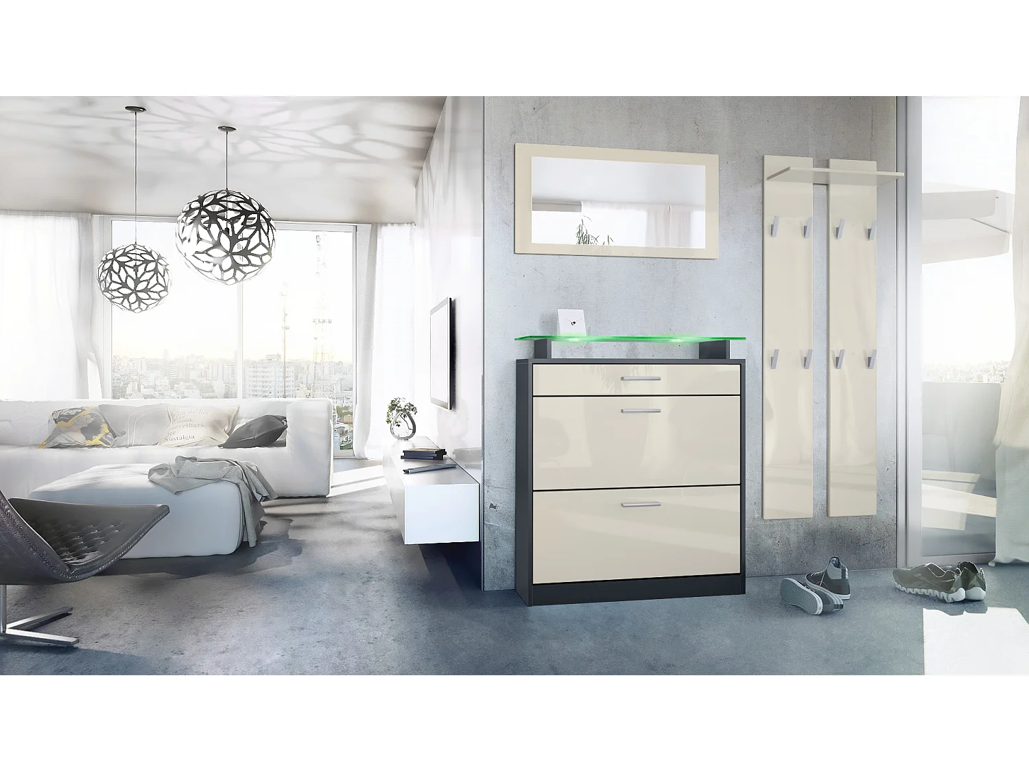 Loret Ensemble penderie, meuble à chaussures 89x104x23 cm avec miroir, 2 panneaux murales et éclairage LED, Anthracite mat & Crème brillant