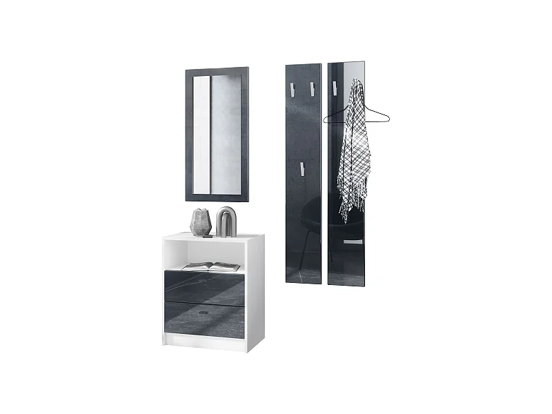 Ensemble de vestiaires Pino V1, 2 Panneaux muraux 140 cm et buffet avec 2 tiroirs & 1 compartiment ouvert, blanc mat/noir haute brillance (56 x 67,5 x 36 cm)