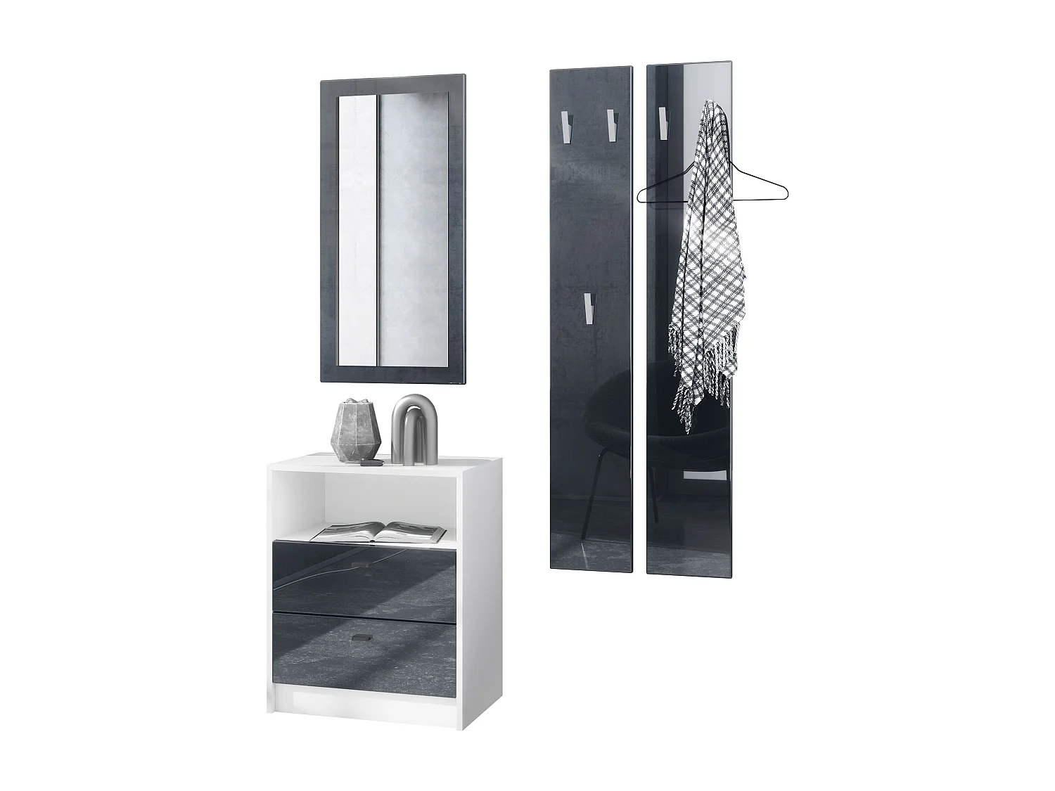 Ensemble de vestiaires Pino V1, 2 Panneaux muraux 140 cm et buffet avec 2 tiroirs & 1 compartiment ouvert, blanc mat/noir haute brillance (56 x 67,5 x 36 cm)