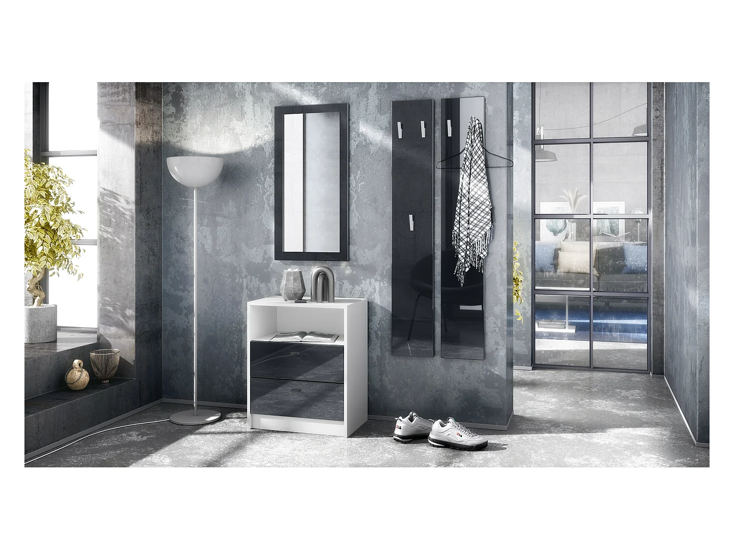 Ensemble de vestiaires Pino V1, 2 Panneaux muraux 140 cm et buffet avec 2 tiroirs & 1 compartiment ouvert, blanc mat/noir haute brillance (56 x 67,5 x 36 cm)