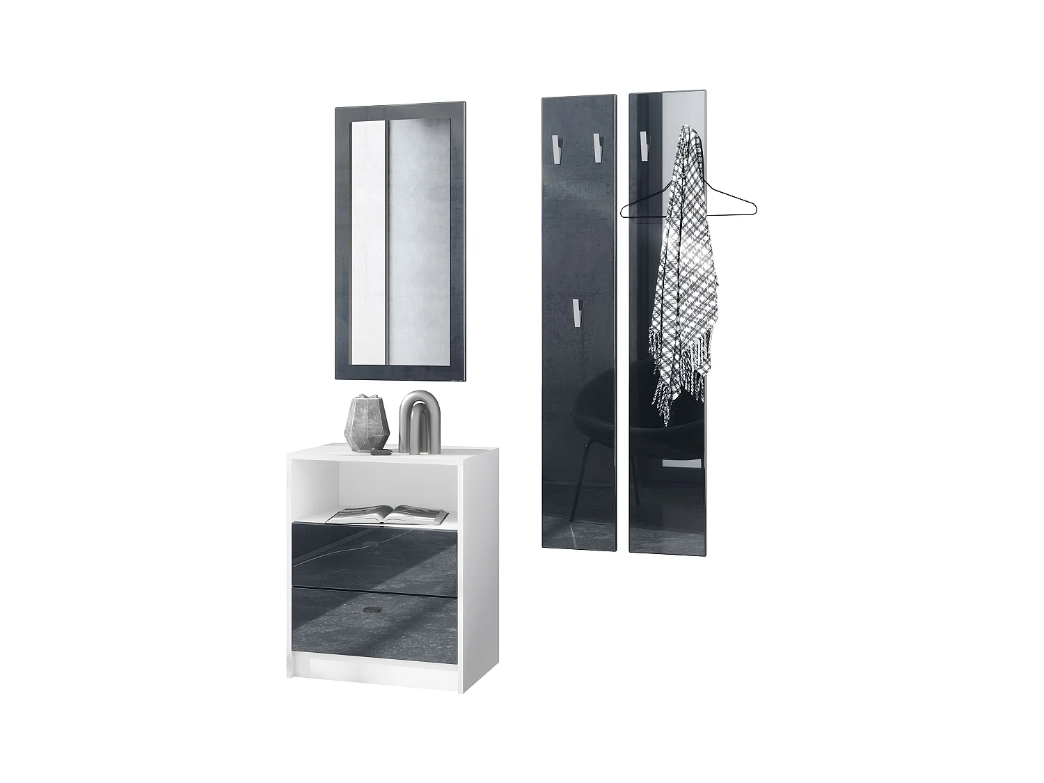Ensemble de vestiaires Pino V1, 2 Panneaux muraux 140 cm et buffet avec 2 tiroirs & 1 compartiment ouvert, blanc mat/noir haute brillance (56 x 67,5 x 36 cm)