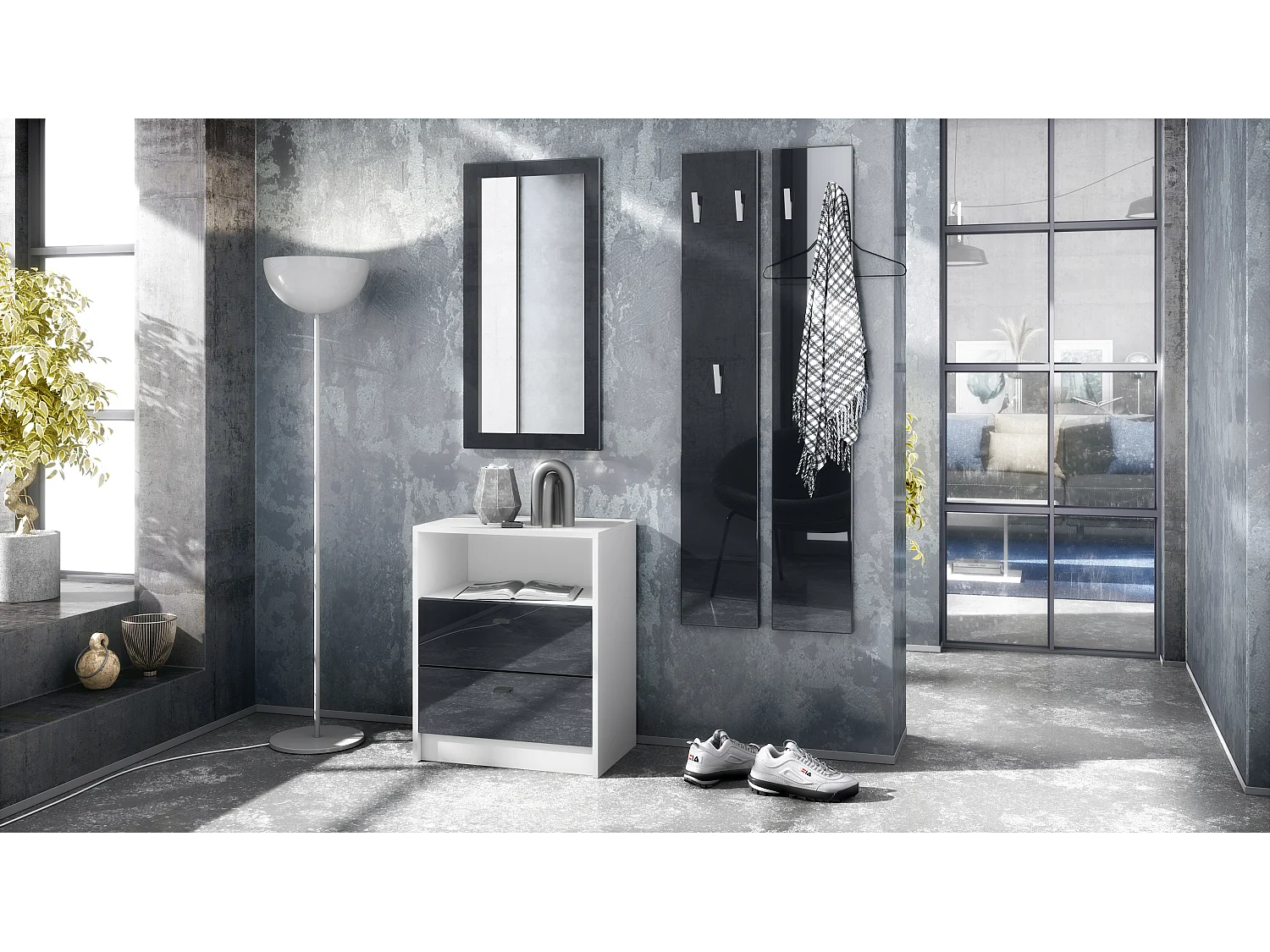 Ensemble de vestiaires Pino V1, 2 Panneaux muraux 140 cm et buffet avec 2 tiroirs & 1 compartiment ouvert, blanc mat/noir haute brillance (56 x 67,5 x 36 cm)