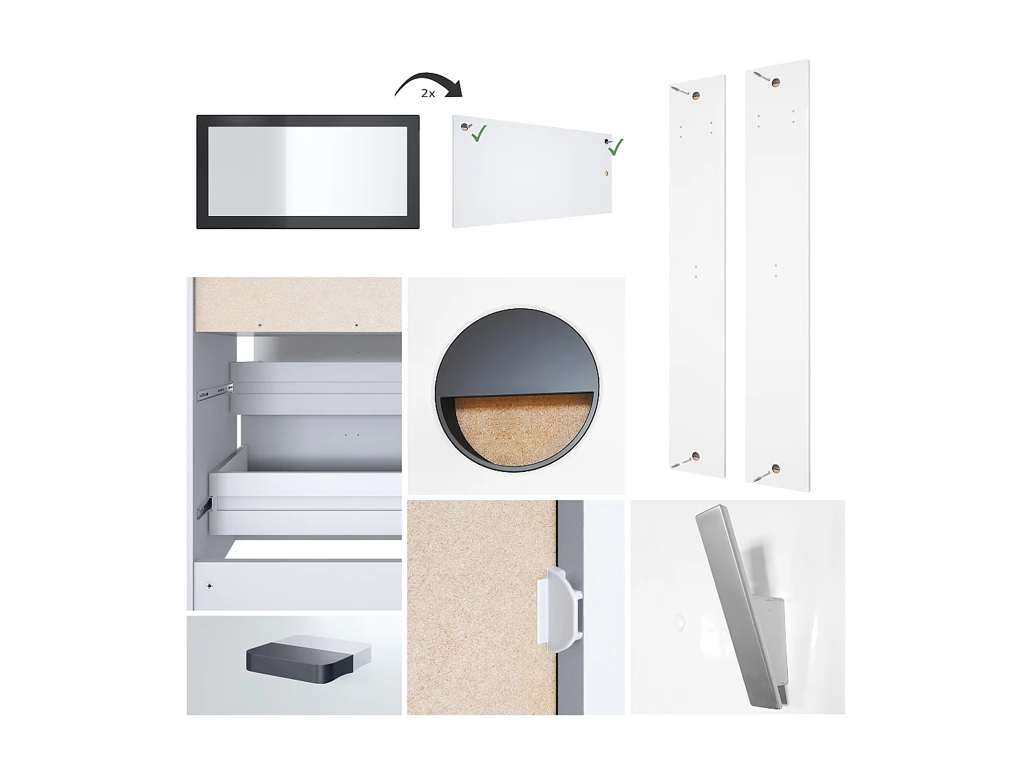 Ensemble de vestiaires Pino V1, 2 Panneaux muraux 140 cm et buffet avec 2 tiroirs & 1 compartiment ouvert, blanc mat/noir haute brillance (56 x 67,5 x 36 cm)