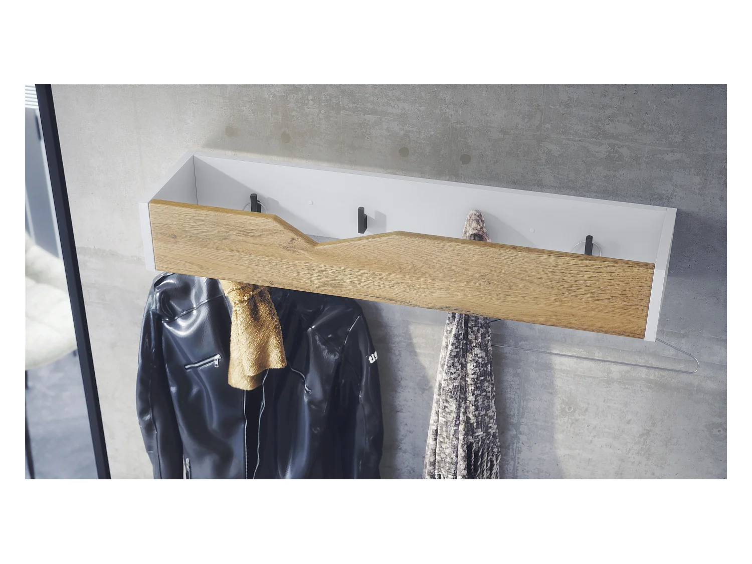 Porte-manteau crochets muraux panneau de penderie Kolmio, corps blanc mat, façade chêne nature 83,5 x 12,5 x 21 cm