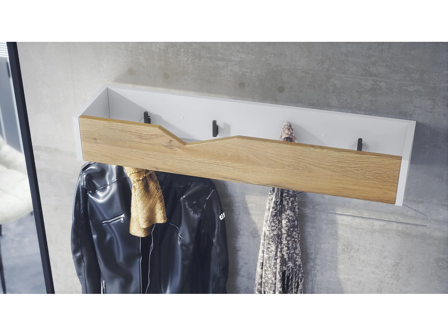 Porte-manteau crochets muraux panneau de penderie Kolmio, corps blanc mat, façade chêne nature 83,5 x 12,5 x 21 cm