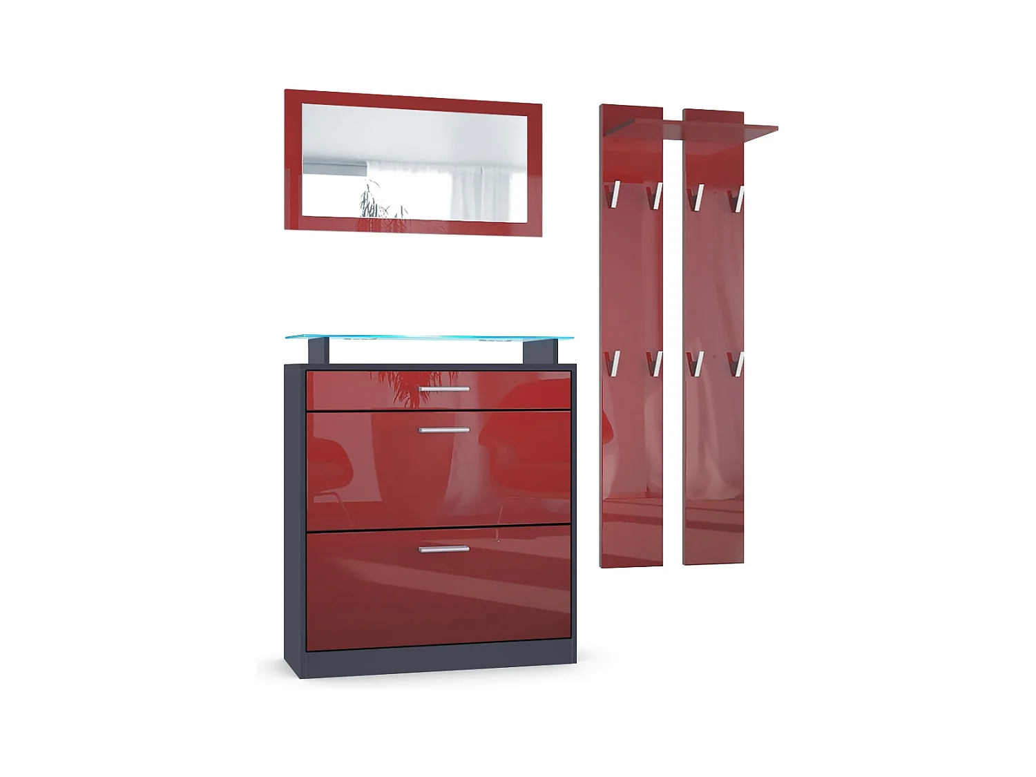 Loret Ensemble penderie, meuble à chaussures 89 x 104 x 23 cm avec miroir, 2 panneaux murales et éclairage LED Bleu, Anthracite mat & Bordeaux brillant