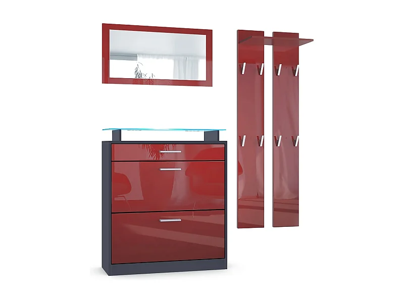 Loret Ensemble penderie, meuble à chaussures 89 x 104 x 23 cm avec miroir, 2 panneaux murales et éclairage LED Bleu, Anthracite mat & Bordeaux brillant