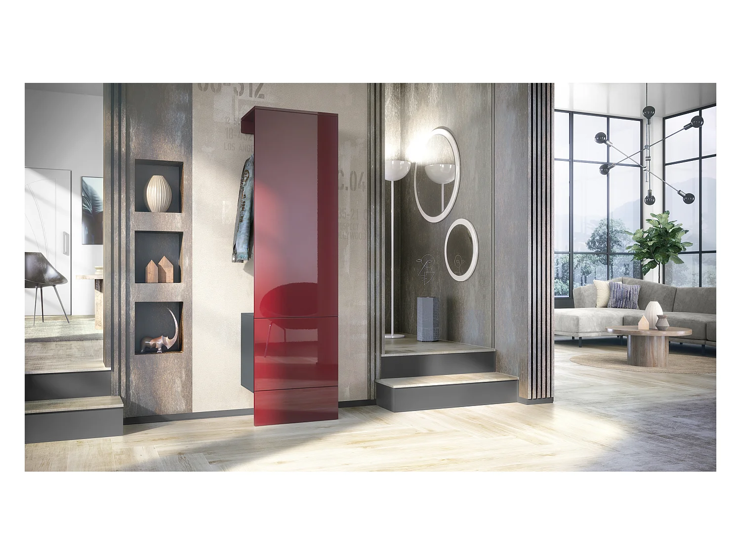 Ensemble d'entrée  Hollywood, comprenant 1 panneau de vestiaire mural, 1 tringle à vêtements et 1 ensemble de panneaux muraux, anthracite mat/bordeaux brillant