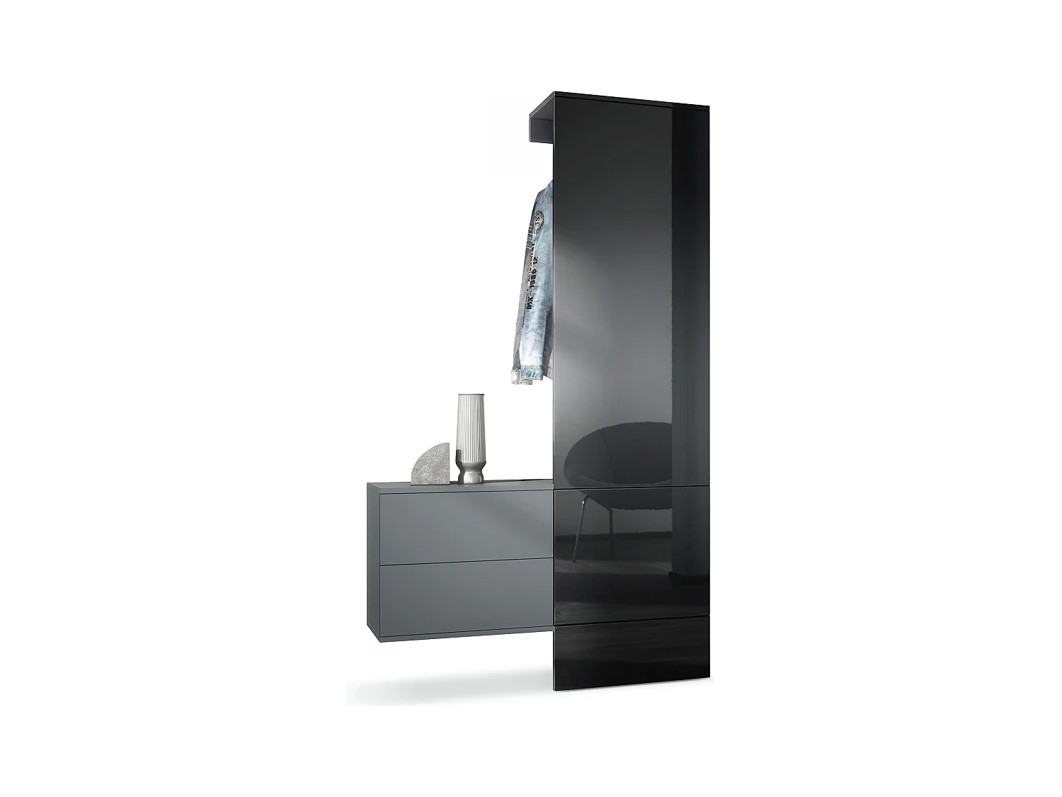 Penderie Carlton Set 2, Meuble d’entrée comprenant 1 panneau porte-manteau, 1 coffre à tiroir, anthracite mat/noir haute brillance (105 x 193 x 35 cm)
