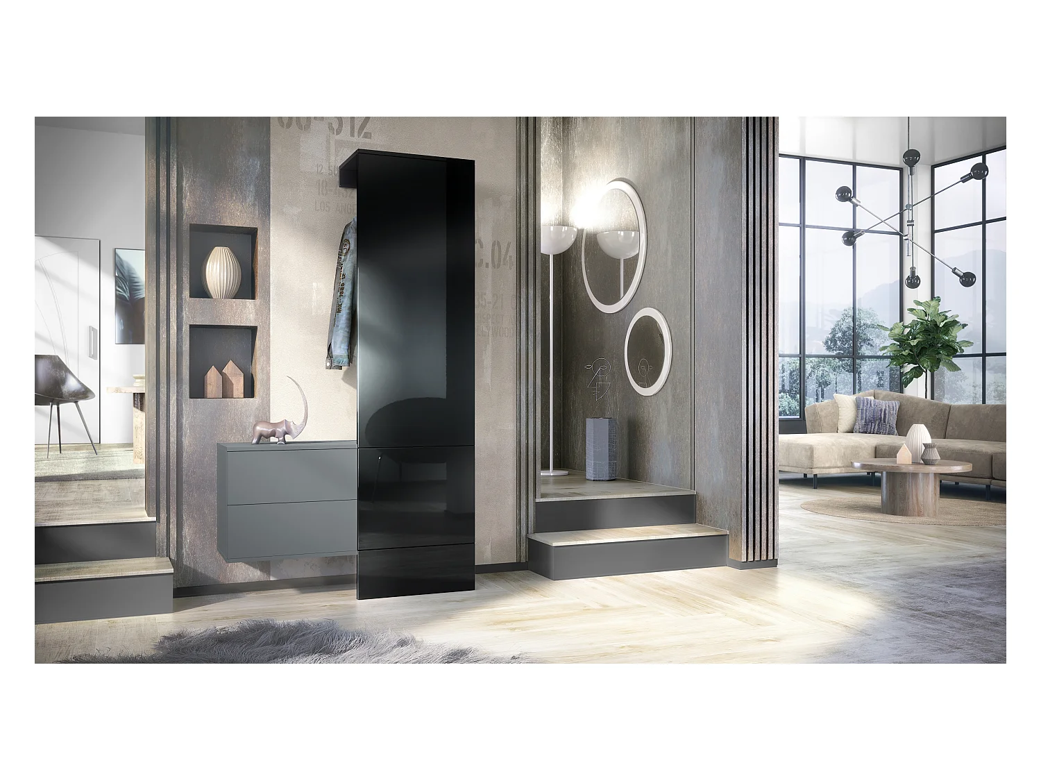 Penderie Carlton Set 2, Meuble d’entrée comprenant 1 panneau porte-manteau, 1 coffre à tiroir, anthracite mat/noir haute brillance (105 x 193 x 35 cm)