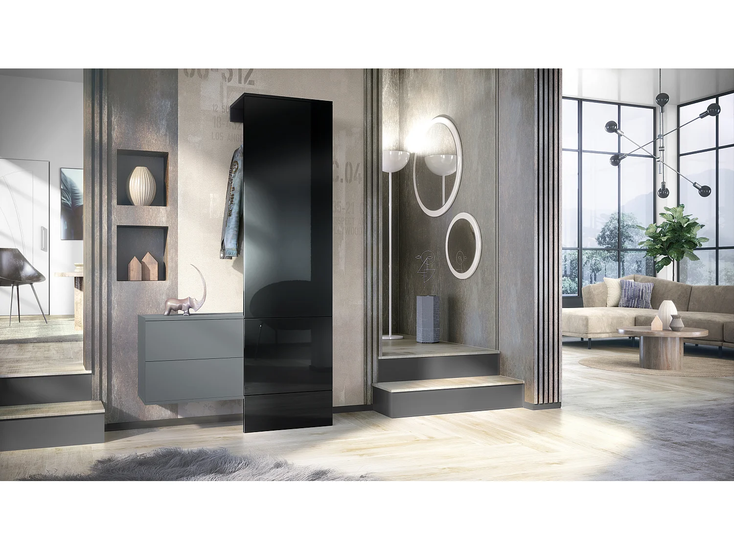 Penderie Carlton Set 2, Meuble d’entrée comprenant 1 panneau porte-manteau, 1 coffre à tiroir, anthracite mat/noir haute brillance (105 x 193 x 35 cm)