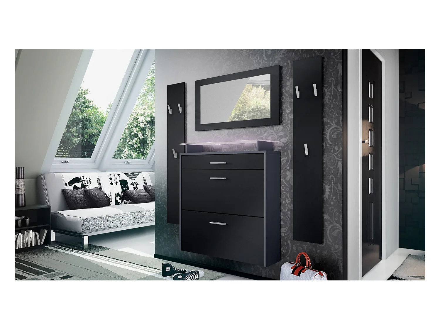 Penderie Malea, Meuble d’entrée comprenant 1 commode à chaussures murale, 1 miroir et 2 panneaux porte-manteaux, Anthracite mat/Noir mat, LED blanc inclus