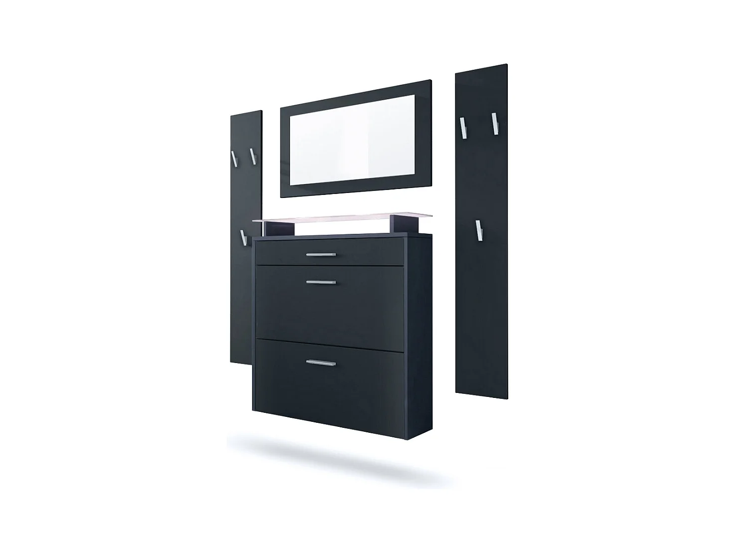 Penderie Malea, Meuble d’entrée comprenant 1 commode à chaussures murale, 1 miroir et 2 panneaux porte-manteaux, Anthracite mat/Noir mat, LED blanc inclus