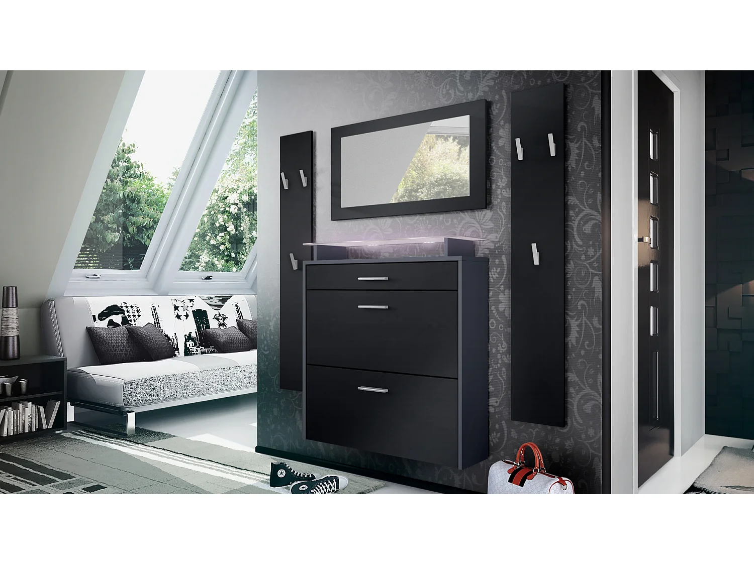 Penderie Malea, Meuble d’entrée comprenant 1 commode à chaussures murale, 1 miroir et 2 panneaux porte-manteaux, Anthracite mat/Noir mat, LED blanc inclus