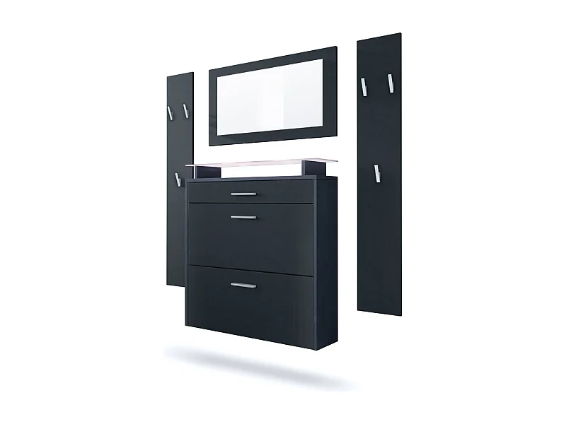 Malea Hallway Storage Set, Set da ingresso con 1 scarpiera a muro, 1 specchio a muro e 2 pannelli appendiabiti, antracite/nero opaco