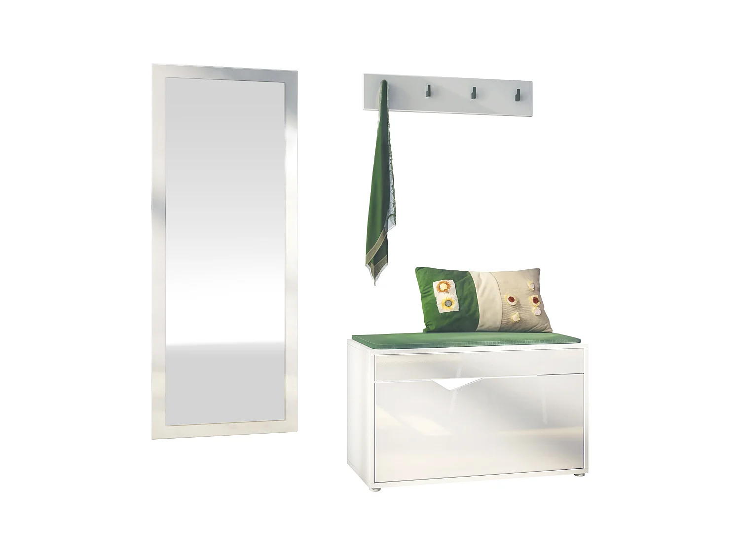 Ensemble Vestiaire Hanko : Comprend 1 Banc à Chaussures, 1 Porte-Manteau et 1 Miroir Murale, blanc mat/blanc haute brillance