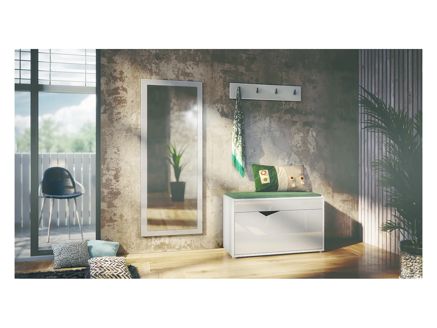 Ensemble Vestiaire Hanko : Comprend 1 Banc à Chaussures, 1 Porte-Manteau et 1 Miroir Murale, blanc mat/blanc haute brillance