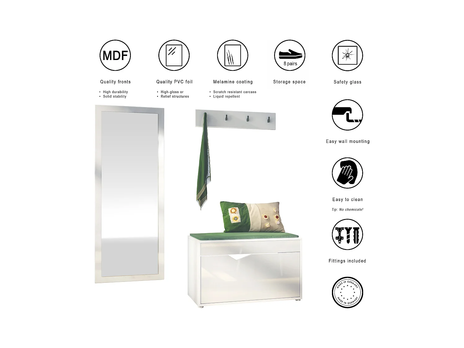 Ensemble Vestiaire Hanko : Comprend 1 Banc à Chaussures, 1 Porte-Manteau et 1 Miroir Murale, blanc mat/blanc haute brillance