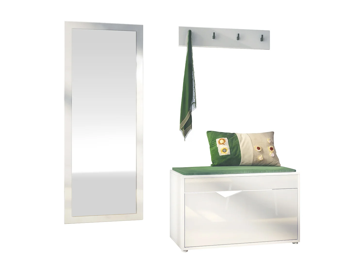 Ensemble Vestiaire Hanko : Comprend 1 Banc à Chaussures, 1 Porte-Manteau et 1 Miroir Murale, blanc mat/blanc haute brillance