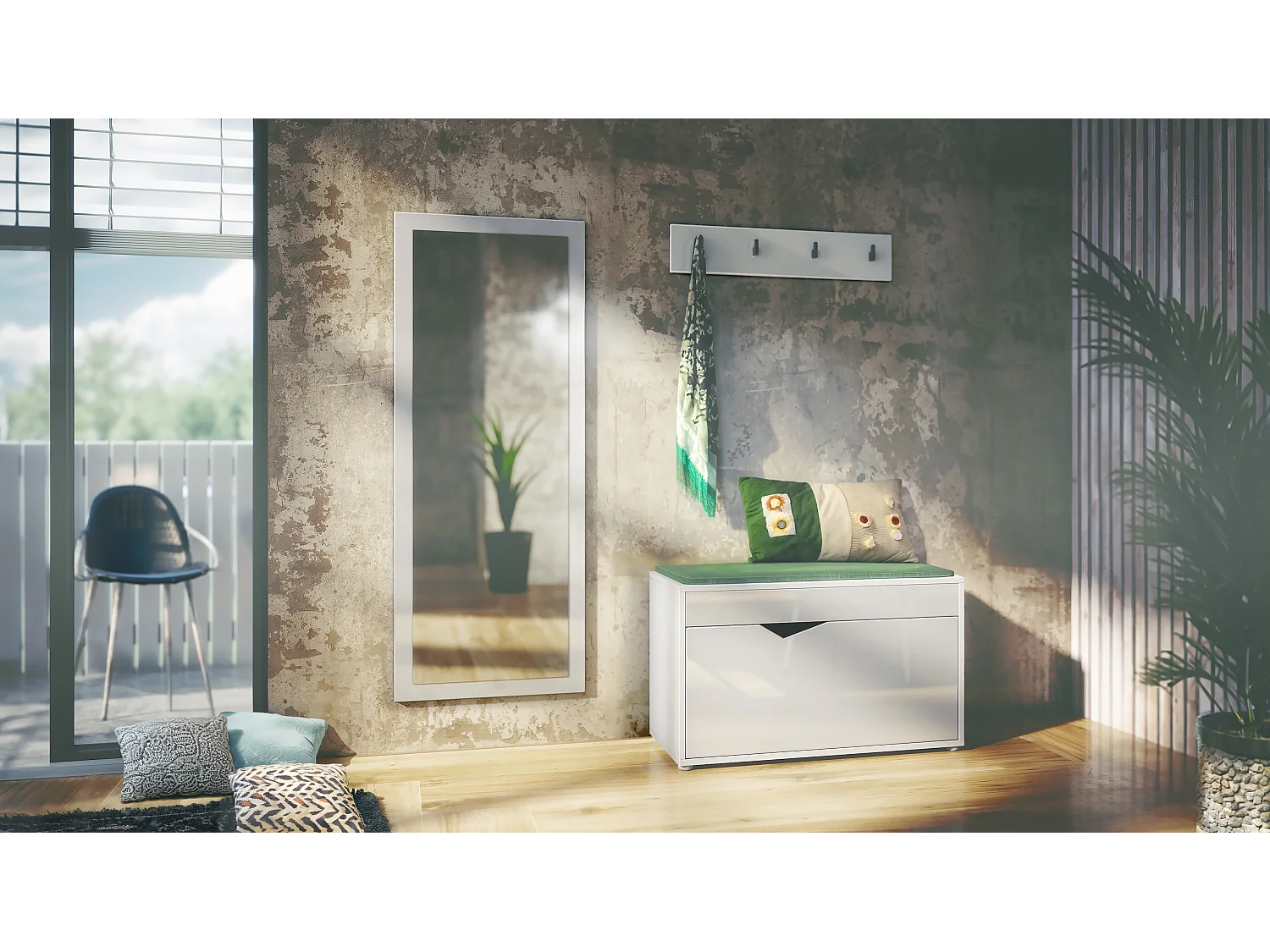 Ensemble Vestiaire Hanko : Comprend 1 Banc à Chaussures, 1 Porte-Manteau et 1 Miroir Murale, blanc mat/blanc haute brillance