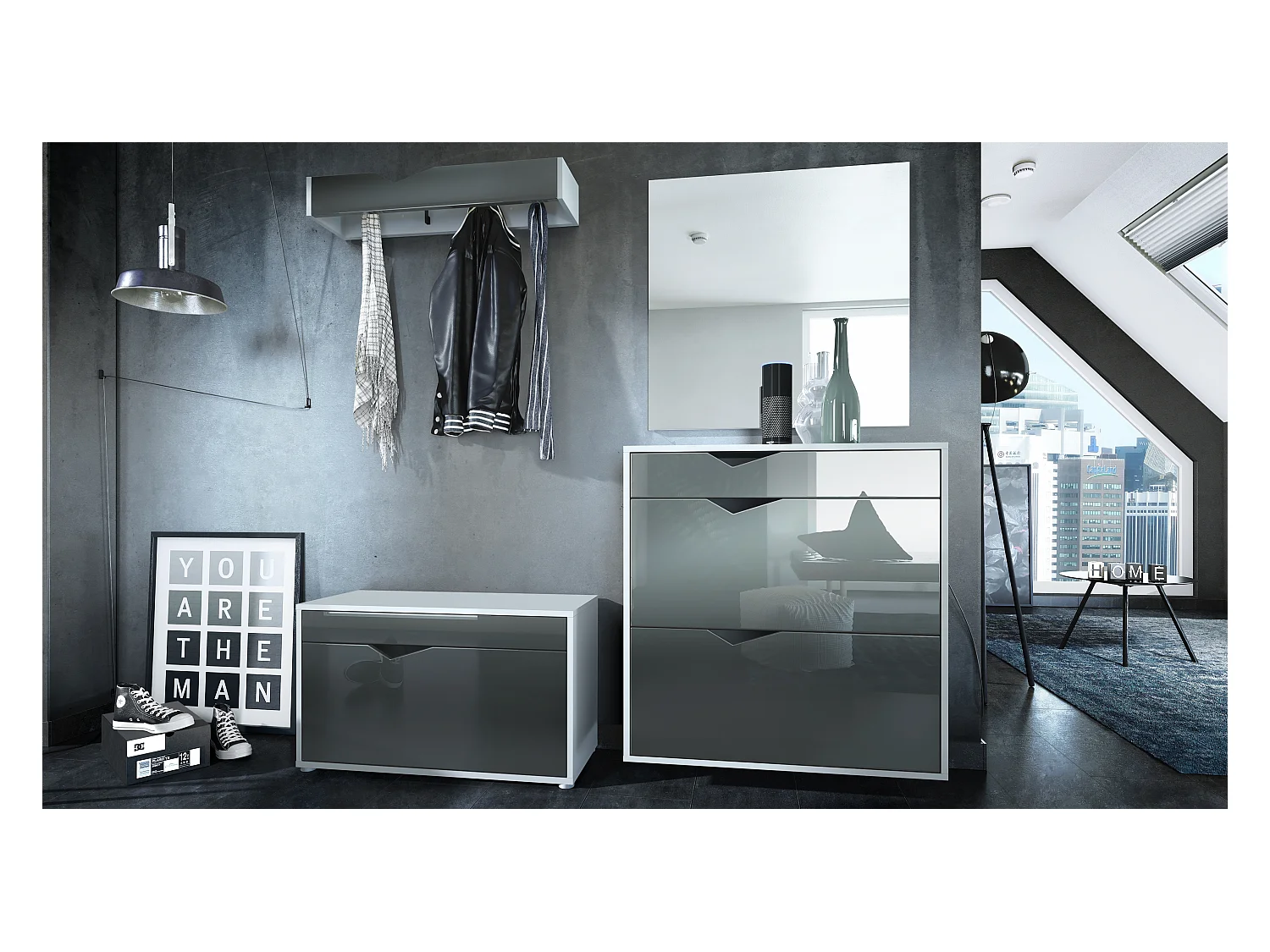 GARDEROBE Kolmio Fronten in Grau Hochglanz