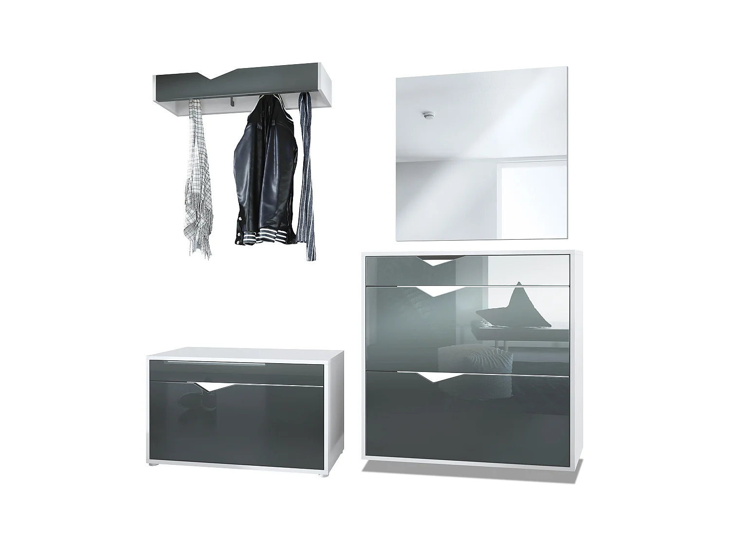 Ensemble Vestiaire Kolmio 190 x 185 x 33 cm portemanteau de couloir, caisson en blanc mat, façades en Gris haute brillance | Grand choix de couleurs