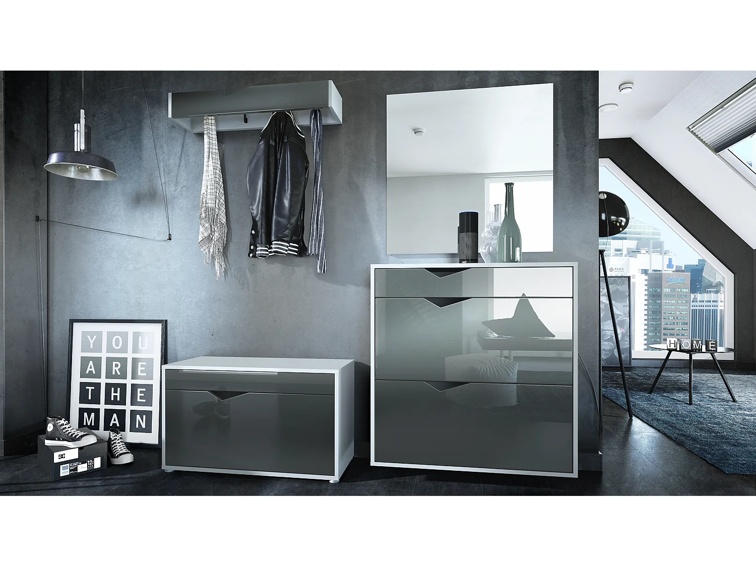 Ensemble Vestiaire Kolmio 190 x 185 x 33 cm portemanteau de couloir, caisson en blanc mat, façades en Gris haute brillance | Grand choix de couleurs