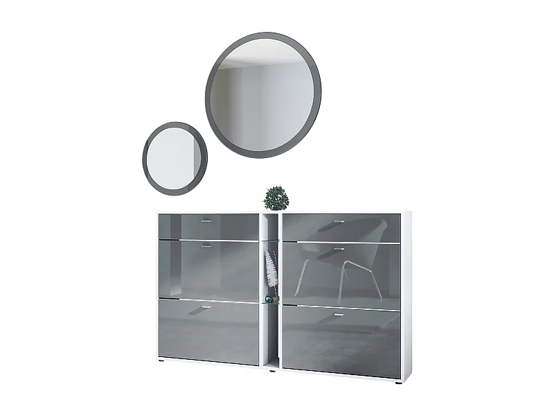 Ensemble de vestiaire Florence avec armoire à chaussures et 2 miroirs muraux, Fabriqué en ALLEMAGNE, blanc mat/gris haute brillance