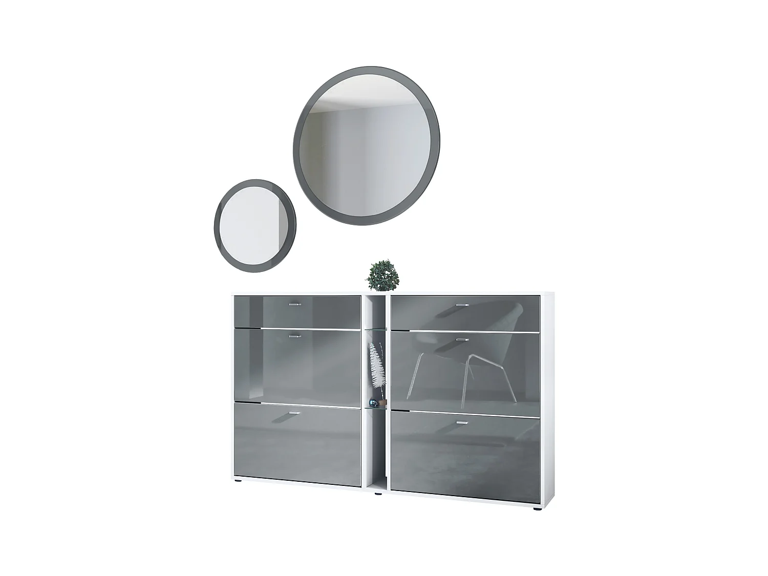 Conjunto de guardarropa Florence con zapatero y 2 espejos de pared, Hecho en ALEMANIA, blanco mate/gris de alto brillo