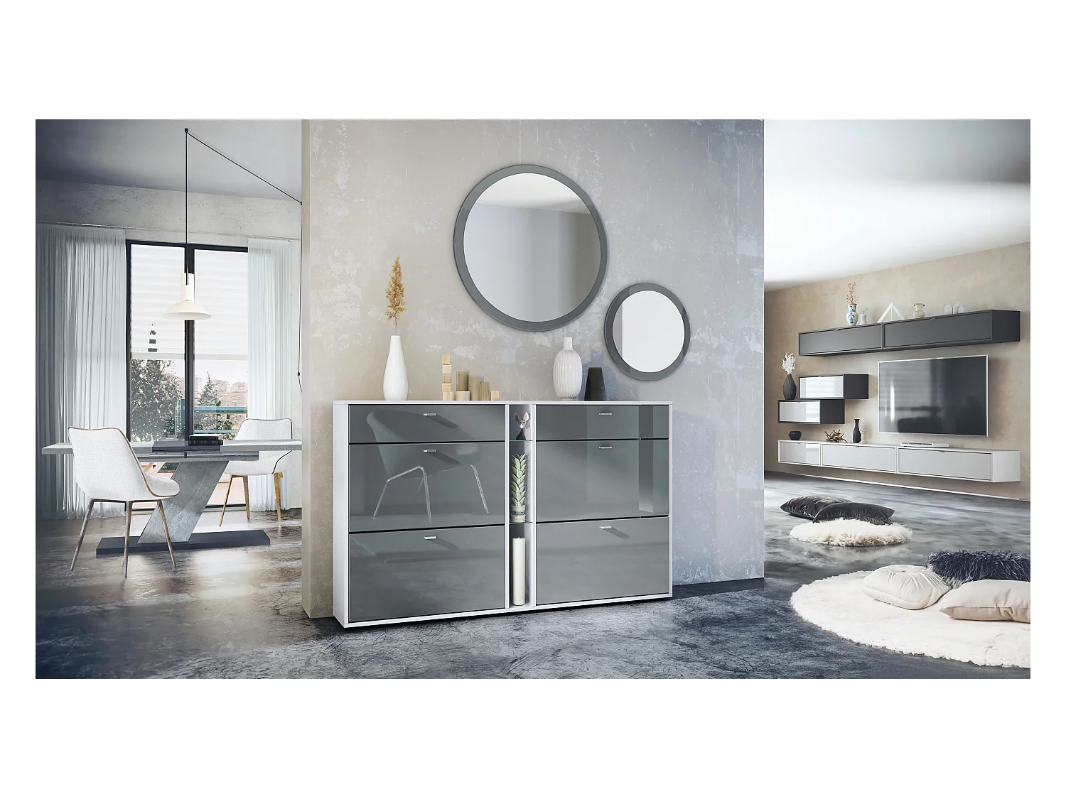 Conjunto de guardarropa Florence con zapatero y 2 espejos de pared, Hecho en ALEMANIA, blanco mate/gris de alto brillo