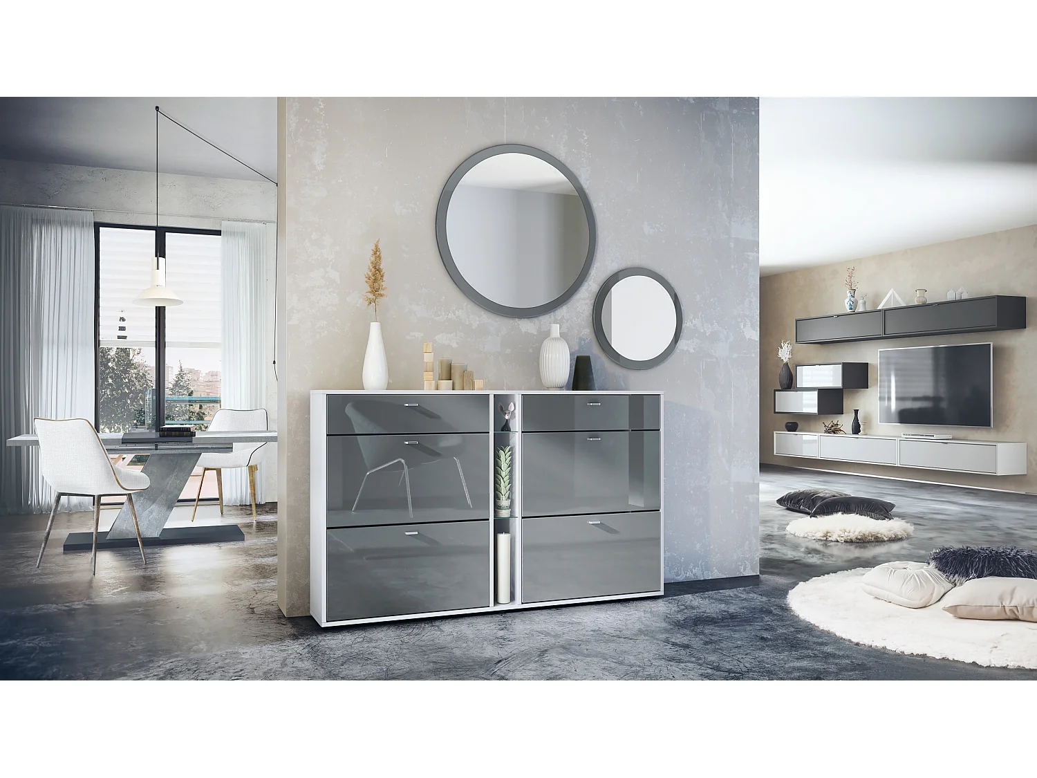 Ensemble de vestiaire Florence avec armoire à chaussures et 2 miroirs muraux, Fabriqué en ALLEMAGNE, blanc mat/gris haute brillance