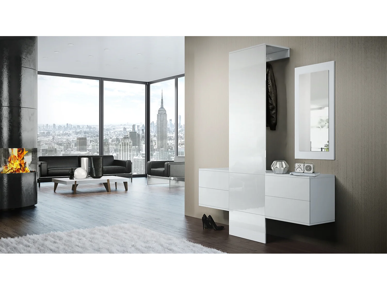 Vestiaire Garderobe Carlton Set 3, Corps en Blanc mat / Panneau portemanteau en blanc haute brillance