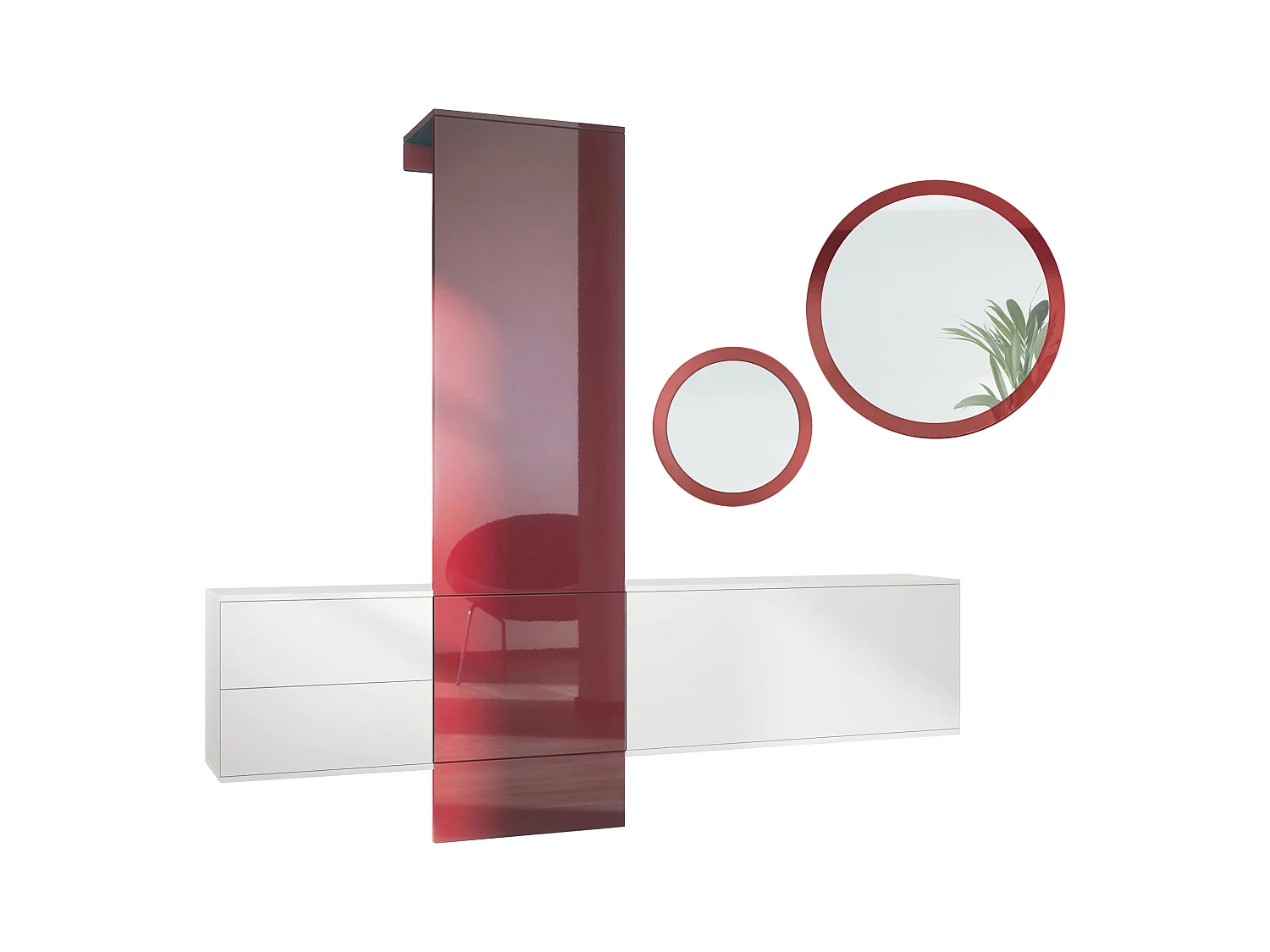 Ensemble de garde-robe  DualVista, composé de 1 panneau de porte-manteau, 1 armoire à tiroirs, 1 module de rangement et 2 miroirs, blanc mat/bordeaux brillant