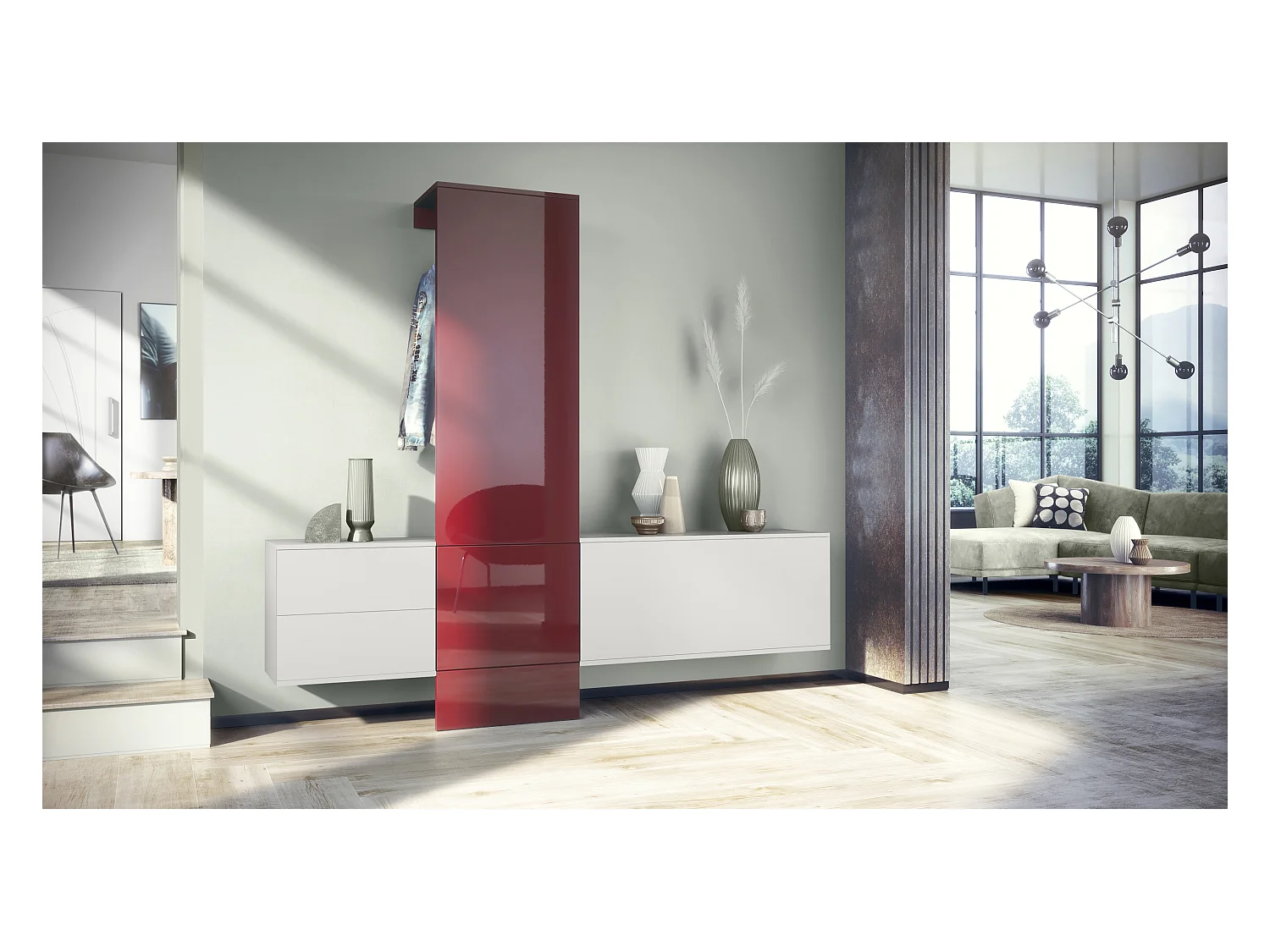 Ensemble de garde-robe  DualVista, composé de 1 panneau de porte-manteau, 1 armoire à tiroirs, 1 module de rangement et 2 miroirs, blanc mat/bordeaux brillant