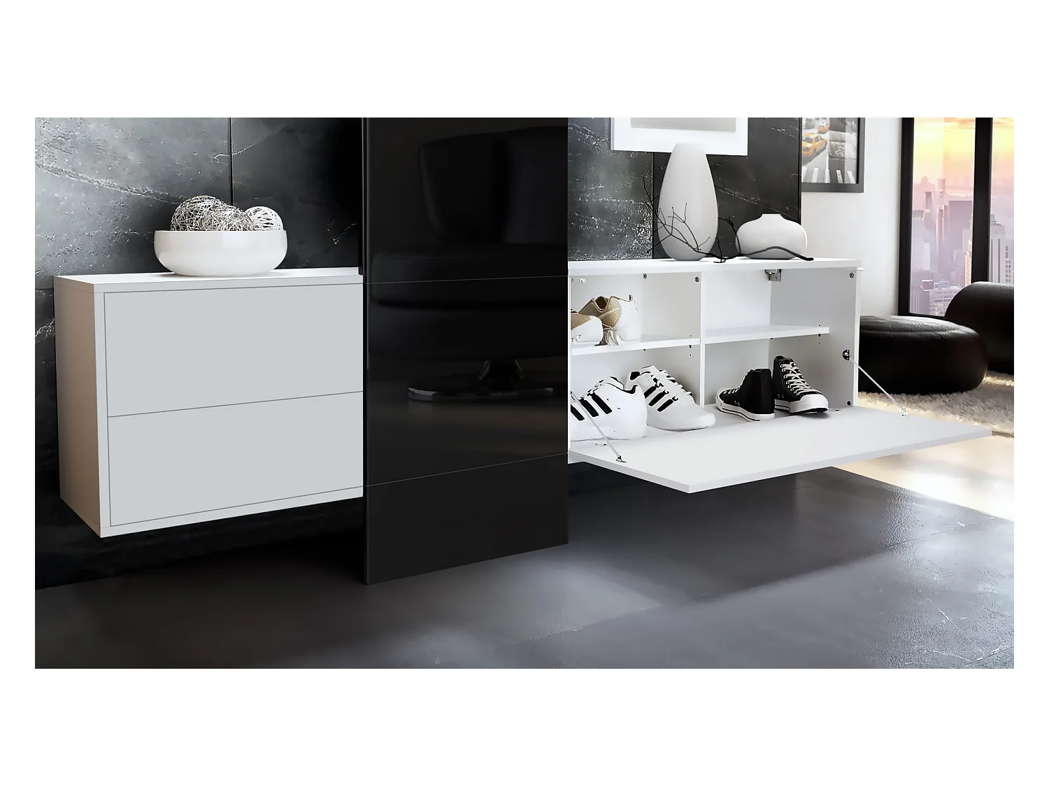 Ensemble de garde-robe  DualVista, composé de 1 panneau de porte-manteau, 1 armoire à tiroirs, 1 module de rangement et 2 miroirs, blanc mat/bordeaux brillant