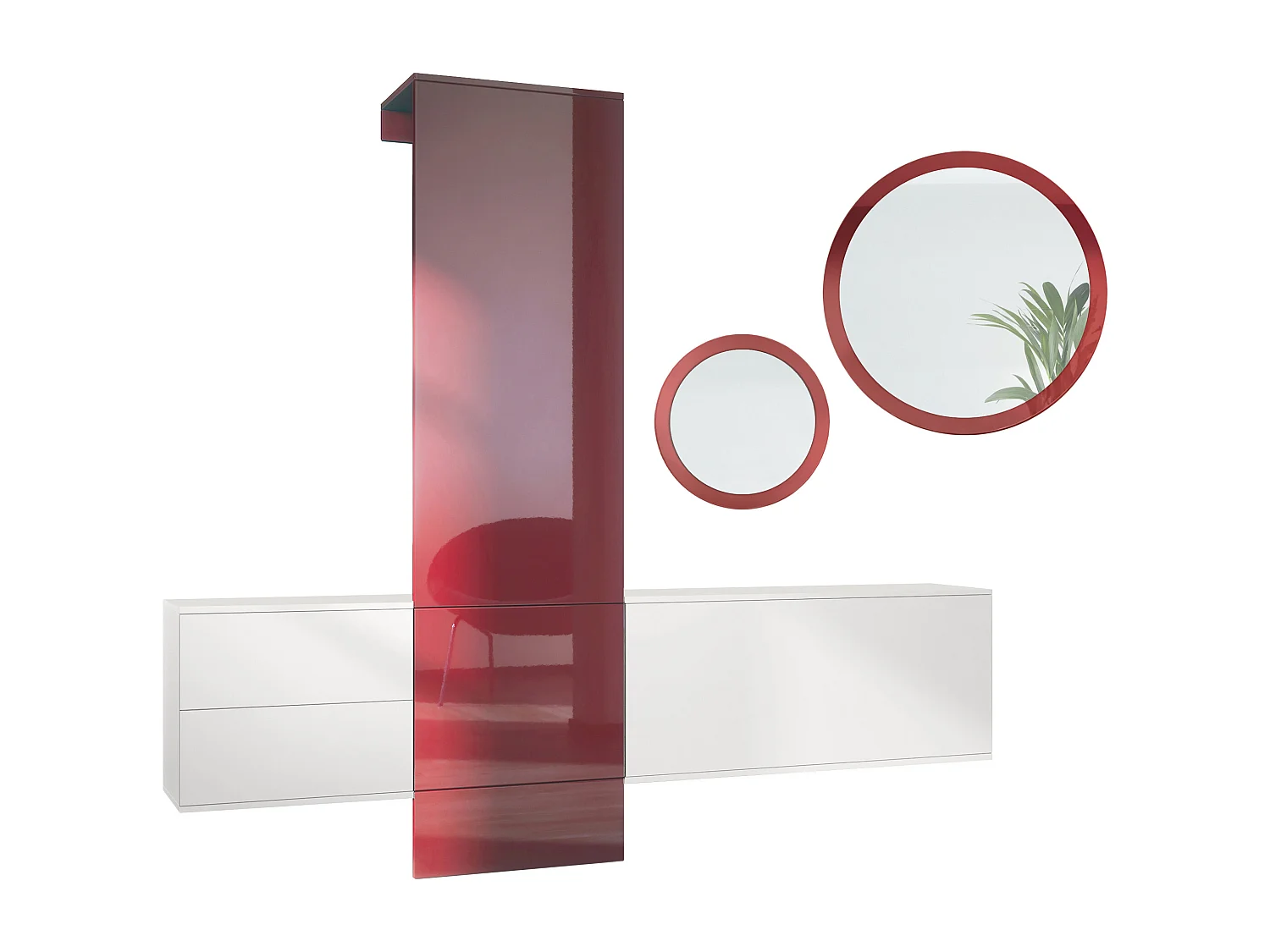 Ensemble de garde-robe  DualVista, composé de 1 panneau de porte-manteau, 1 armoire à tiroirs, 1 module de rangement et 2 miroirs, blanc mat/bordeaux brillant