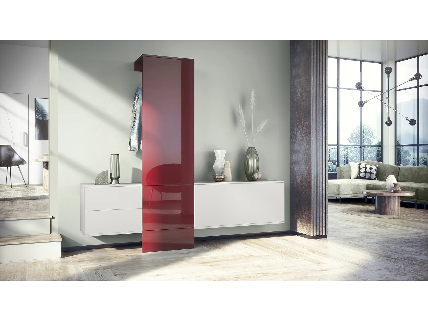 Ensemble de garde-robe  DualVista, composé de 1 panneau de porte-manteau, 1 armoire à tiroirs, 1 module de rangement et 2 miroirs, blanc mat/bordeaux brillant