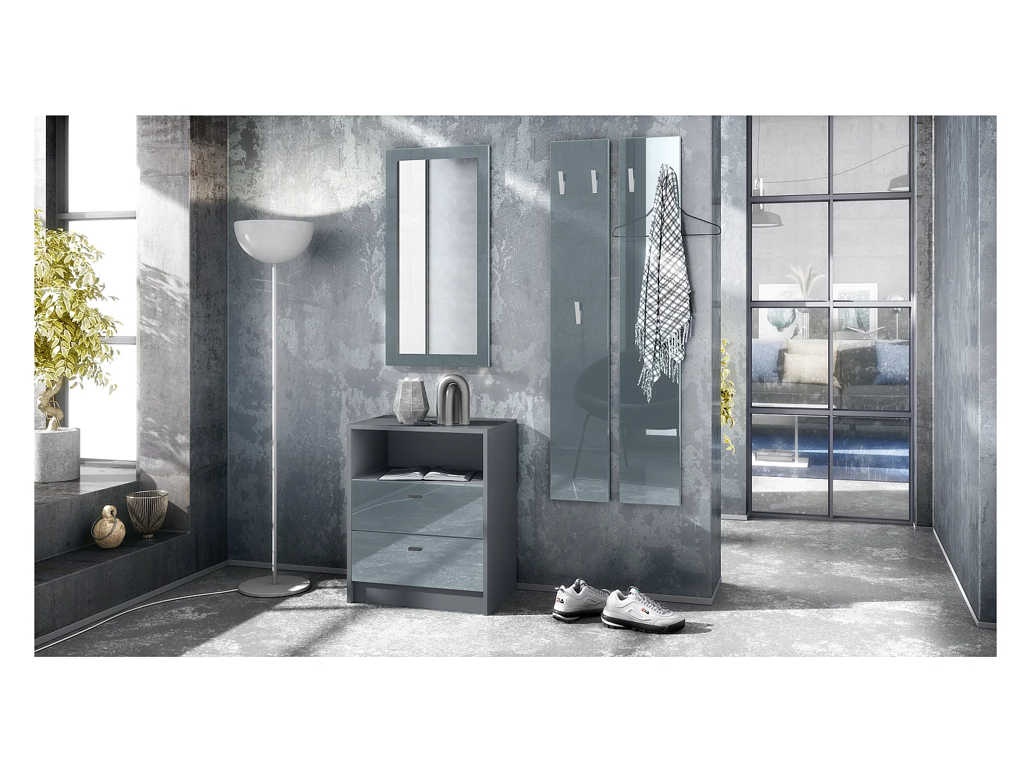 Ensemble de vestiaires Pino V1, 2 Panneaux muraux 140 cm et buffet avec 2 tiroirs & 1 compartiment ouvert, anthracite mat/gris brillant (56 x 67,5 x 36 cm)