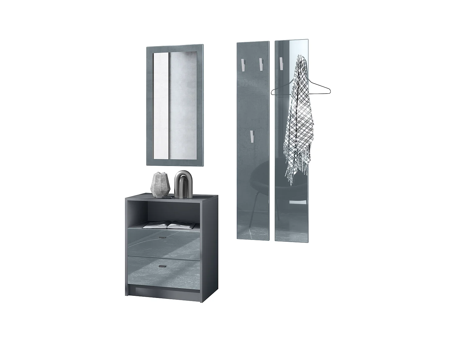 Ensemble de vestiaires Pino V1, 2 Panneaux muraux 140 cm et buffet avec 2 tiroirs & 1 compartiment ouvert, anthracite mat/gris brillant (56 x 67,5 x 36 cm)