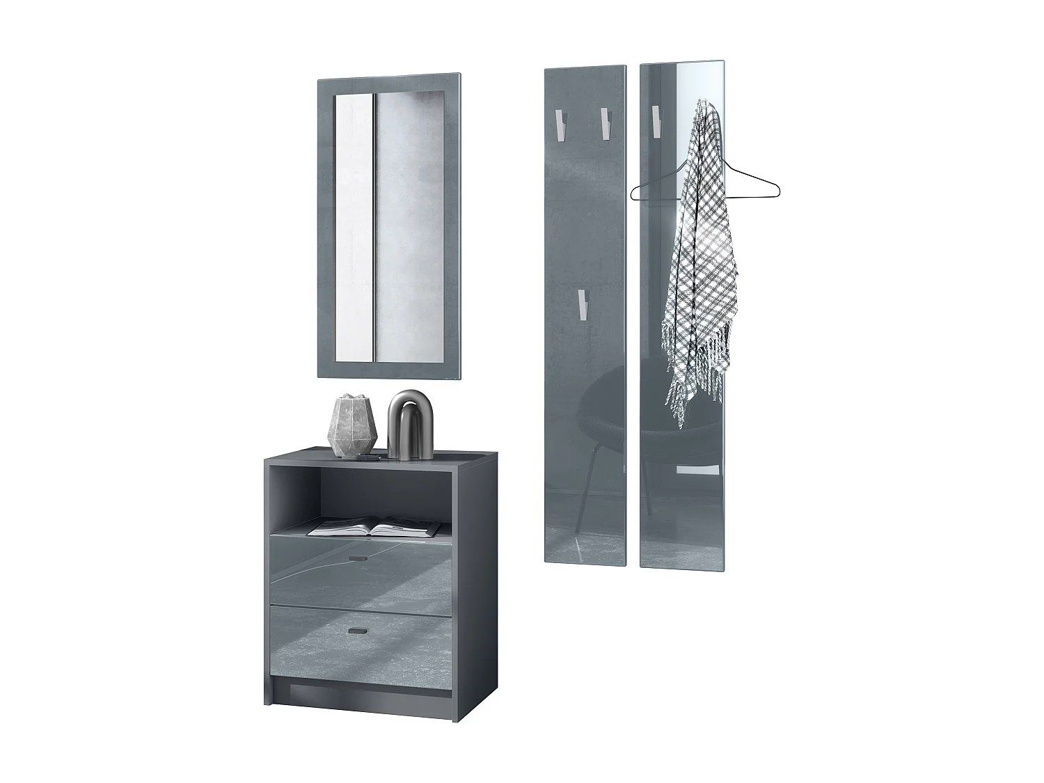 Ensemble de vestiaires Pino V1, 2 Panneaux muraux 140 cm et buffet avec 2 tiroirs & 1 compartiment ouvert, anthracite mat/gris brillant (56 x 67,5 x 36 cm)