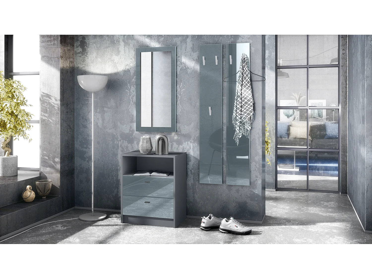 Ensemble de vestiaires Pino V1, 2 Panneaux muraux 140 cm et buffet avec 2 tiroirs & 1 compartiment ouvert, anthracite mat/gris brillant (56 x 67,5 x 36 cm)