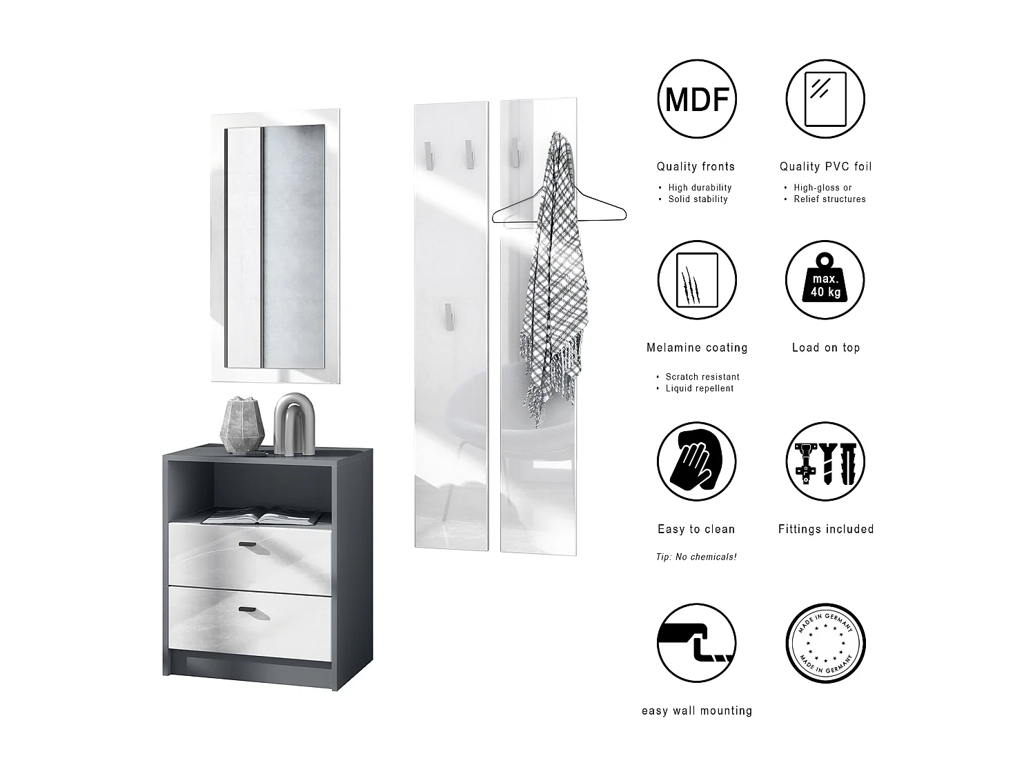 Ensemble de vestiaires Pino V1, 2 Panneaux muraux 140 cm et buffet avec 2 tiroirs & 1 compartiment ouvert, anthracite mat/gris brillant (56 x 67,5 x 36 cm)