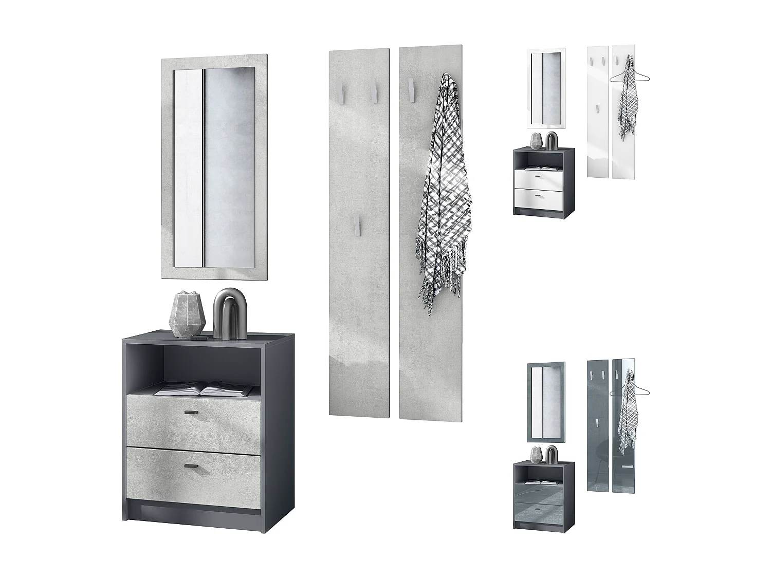 Ensemble de vestiaires Pino V1, 2 Panneaux muraux 140 cm et buffet avec 2 tiroirs & 1 compartiment ouvert, anthracite mat/gris brillant (56 x 67,5 x 36 cm)