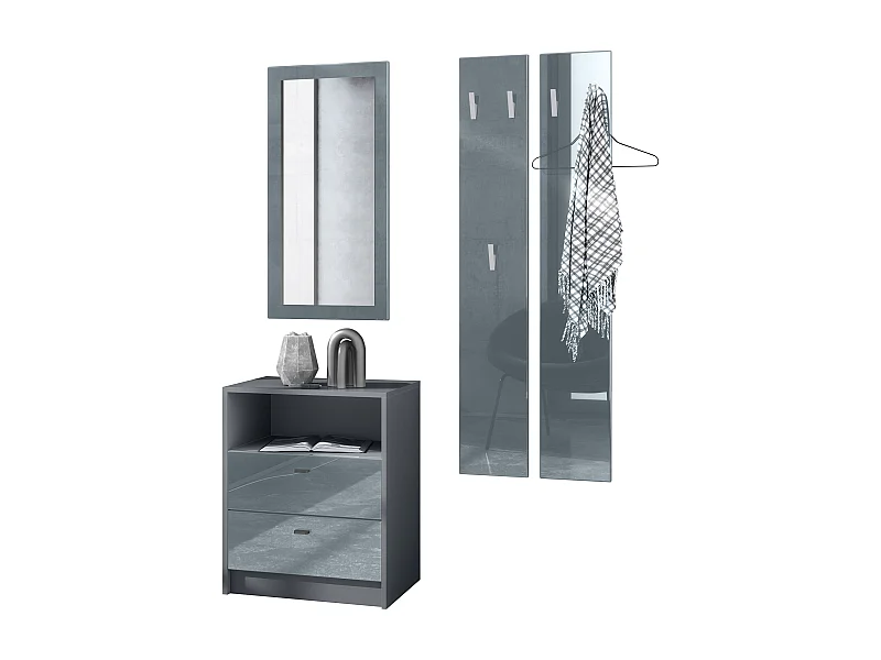 Ensemble de vestiaires Pino V1, 2 Panneaux muraux 140 cm et buffet avec 2 tiroirs & 1 compartiment ouvert, anthracite mat/gris brillant (56 x 67,5 x 36 cm)