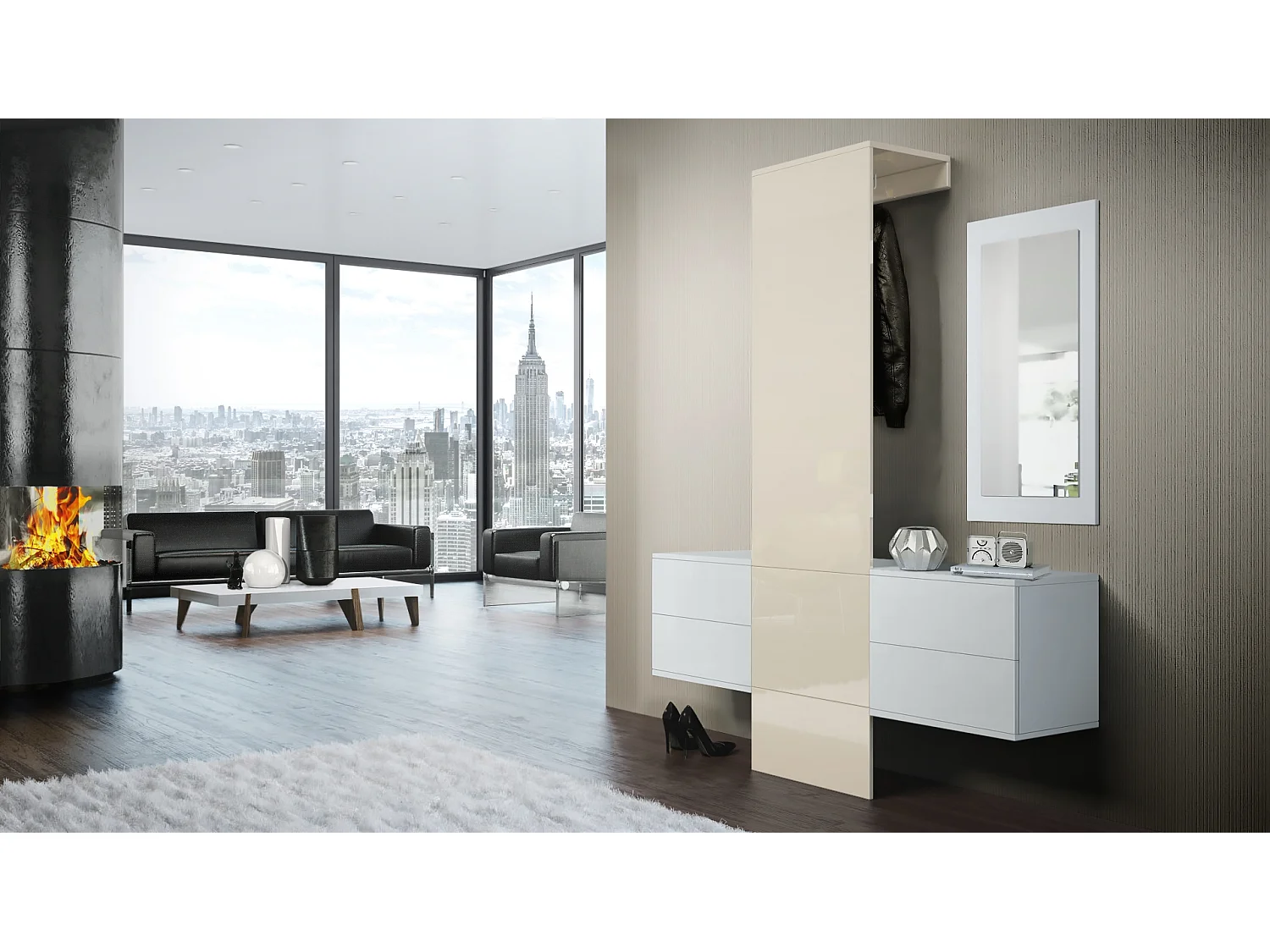 GARDEROBE Carlton Paneel in Creme Hochglanz