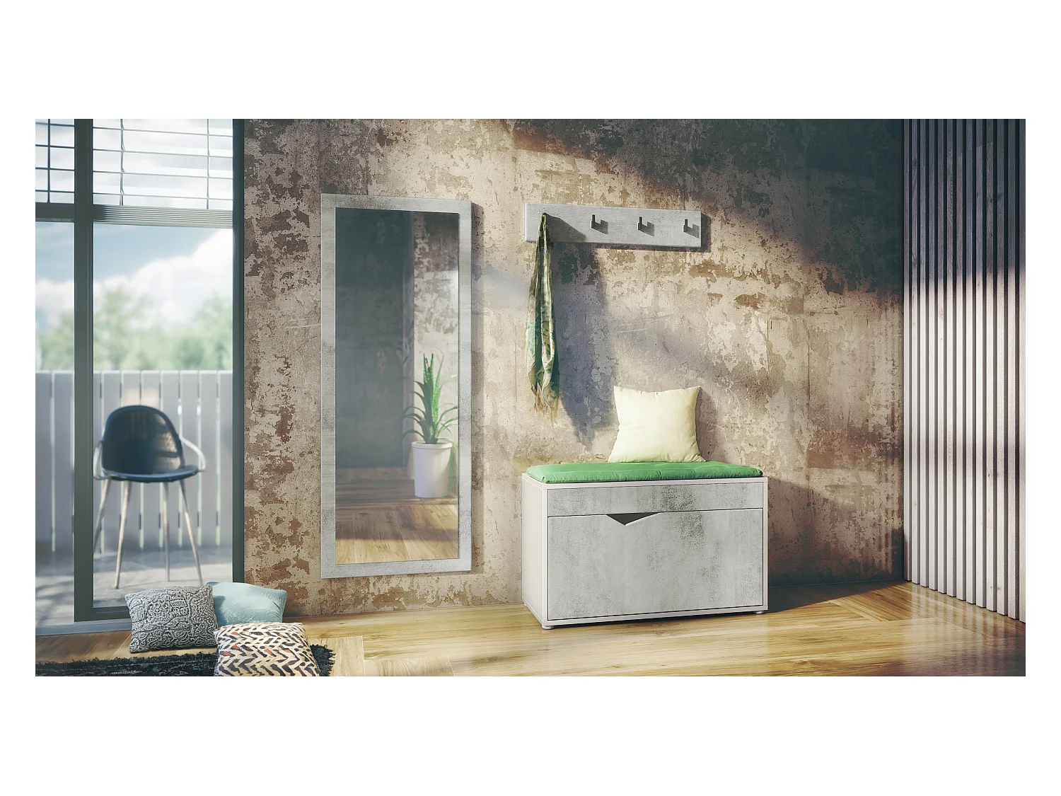 Ensemble Vestiaire Hanko : Comprend 1 Banc à Chaussures, 1 Porte-Manteau et 1 Miroir Murale, blanc mat/aspect béton oxyde