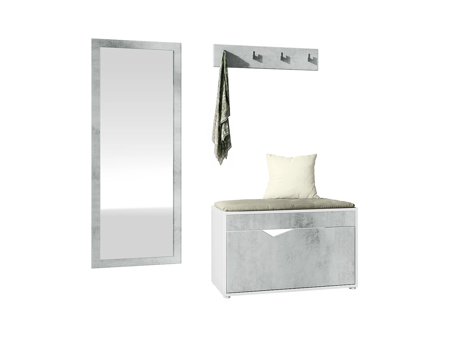 Ensemble Vestiaire Hanko : Comprend 1 Banc à Chaussures, 1 Porte-Manteau et 1 Miroir Murale, blanc mat/aspect béton oxyde