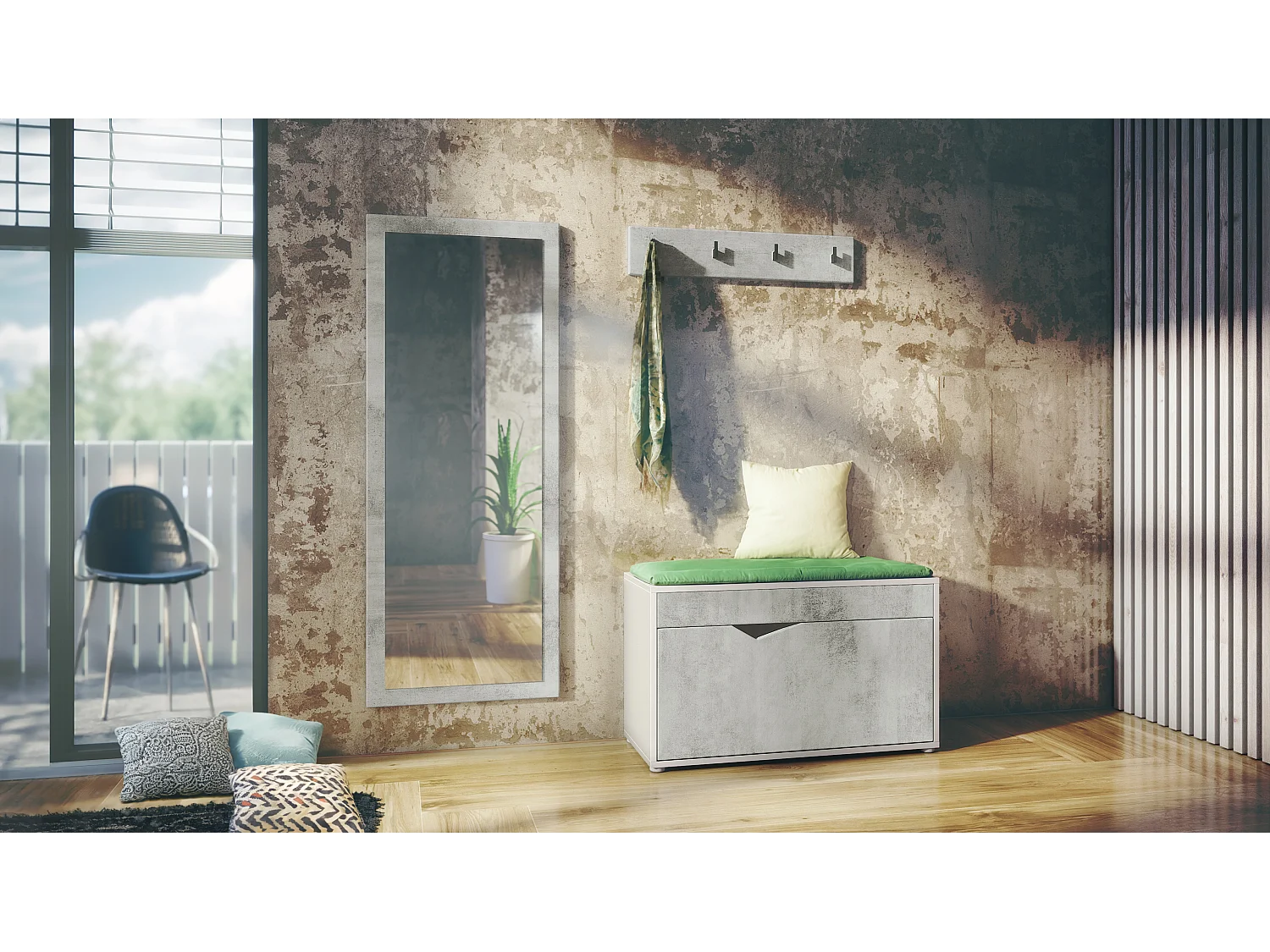 Ensemble Vestiaire Hanko : Comprend 1 Banc à Chaussures, 1 Porte-Manteau et 1 Miroir Murale, blanc mat/aspect béton oxyde