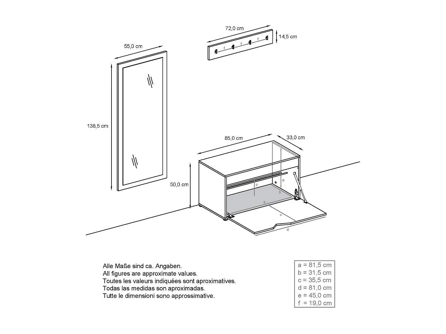 Ensemble Vestiaire Hanko : Comprend 1 Banc à Chaussures, 1 Porte-Manteau et 1 Miroir Murale, blanc mat/aspect béton oxyde
