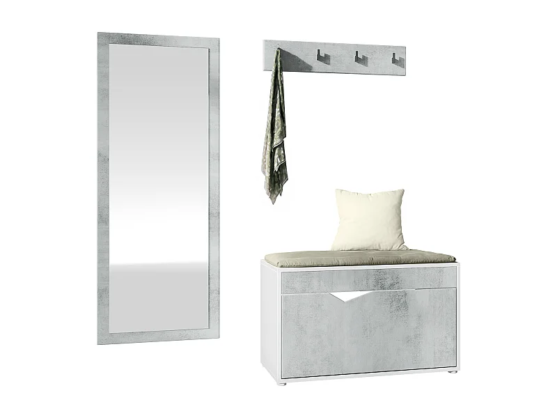 Ensemble Vestiaire Hanko : Comprend 1 Banc à Chaussures, 1 Porte-Manteau et 1 Miroir Murale, blanc mat/aspect béton oxyde